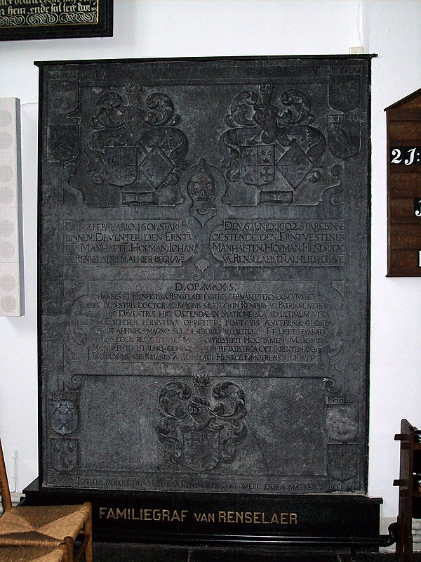 Rensselaer family gravestone in the church of Nijkerk, that Kiliaen bought commemorating his father Hendrick and uncle Johan. He probably purchased th