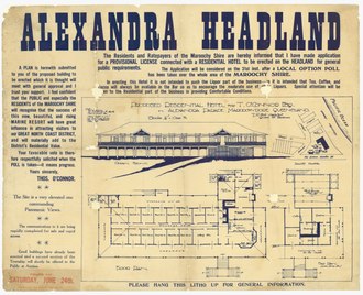 Hall's plans for a hotel at Alexandra Headland, 1016 Notice of an application to erect a residential hotel on Alexandra Headland, Maroochydore, by Thomas O'Connor, 1916.tif