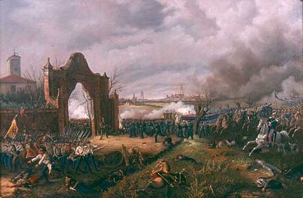 The Battle of Novara. The fighting near the Villa Visconti, between the Bicocca and the farmhouse of the Cavallotta, as depicted by Giuseppe Prina.