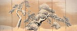 Two paintings of pine trees covered with snow