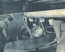 RAK liquid-fuel rocket aircraft prototype based on Gebrüder-Müller-Griessheim (GMG) design in construction, Fritz von Opel sitting in cockpit