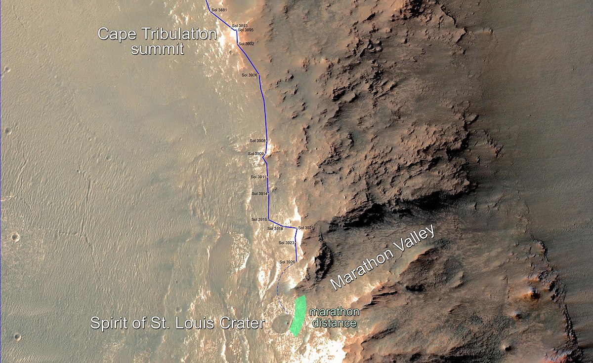 Opportunity's traverse up to February 2015 as it approached Spirit of Saint Louis Crater and Marathon Valley, and came close to traveling the distance of a traditional marathon (about 26 miles or 42 km) PIA19141.jpg