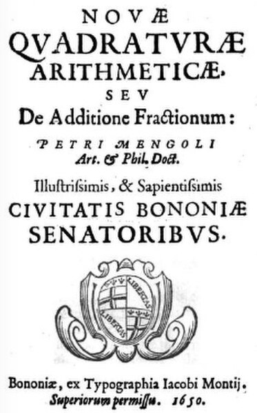 Title-page from Novae quadraturae arithmeticae, by Pietro Mengoli. 1650.