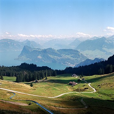 View of Lake Lucerne and distant mountains from Mount Pilatus, above Lucerne, Switzerland.