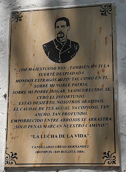 Poem by Candelario Obeso (nineteenth-century black Colombian poet) about the Magdalena River, on placard in Mompox