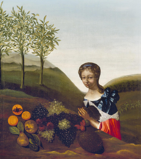 Portret van een jonge vrouw met vruchtenstilleven in een landschap door Anna Cornelia Holt (1686).png
