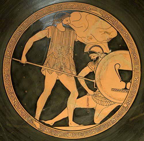 Poseidon (left) holding a trident, with the island Nisyros on his shoulder, battling a Giant (probably Polybotes), red-figure cup c. 500–450 BC (Cabin