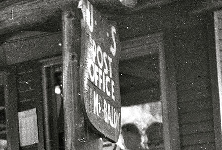 Mount Baldy post office sign, about 1953