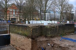 A remaining original brick structure yet to be demolished at Queen's Gardens in Kingston upon Hull, which is partway through major renovation works.