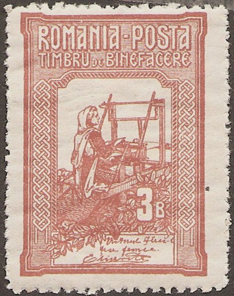 Stamp with queen Elisabeth weaving, by C. Stengel, 1906, ink on paper