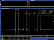 RS-232 data line on the terminals of the receiver side (RxD) probed by an oscilloscope (for an ASCII "K" character (4Bh = 01001011b) with 1 start bit, 8 data bits, 1 stop bit, and no parity bits) RS232-UART Oscilloscope Screenshot.png