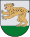 Un blason représentant un lynx doré avec des taches noires, une langue rouge, des dents blanches et des griffes blanches debout sur ses pattes arrière sur un gazon vert