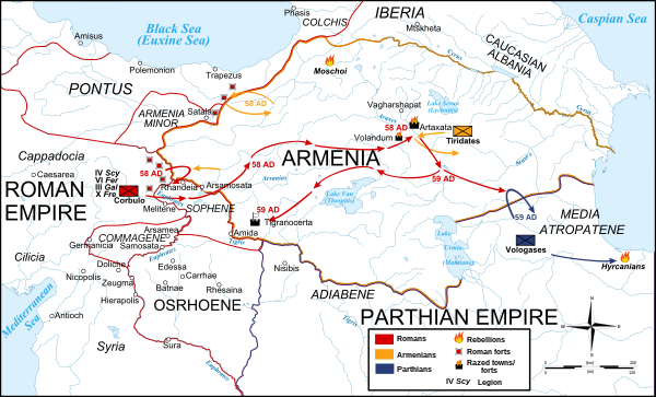 Map of the troop movements during the first two years of the Roman–Parthian War of 58–63 AD over the Kingdom of Armenia, detailing the Roman offensive into Armenia and capture of the country by Gnaeus Domitius Corbulo