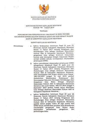 Surat Keputusan Bupati Kepulauan Mentawai Nomor 386 Tahun 2019 tentang Pengakuan dan Perlindungan Uma Rokot di Desa Matobe Kecamatan Sipora Selatan sebagai Kesatuan Masyarakat Hukum Adat di Kabupaten Kepulauan Mentawai