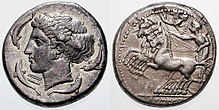 A Syracusan tetradrachm (c. 415–405 BC), sporting Arethusa and a quadriga.