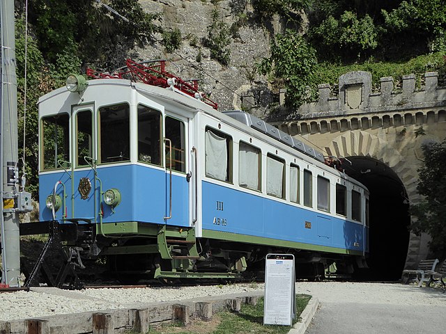 Railcar of the former narrow-gauge railway to San Marino, exhibited in front of the Montale tunnel