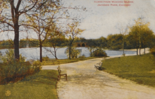 A postcard of Wooded Island, Jackson Park, Chicago, from 1916; the location of Moore's death that year