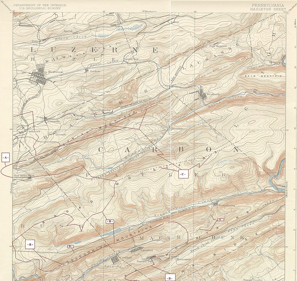 Coal-laden parallel ridges north of Blue Mountain in the physiographic province of the "Anthracite Upland Section"