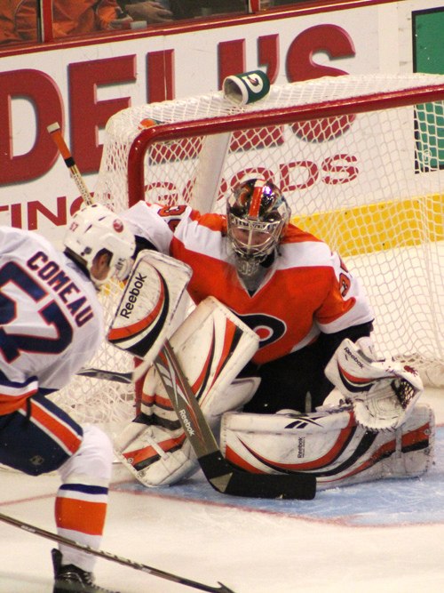 Bobrovsky with the Philadelphia Flyers in October 2010. The Flyers signed Bobrovsky to a three-year, entry-level contract earlier that year.