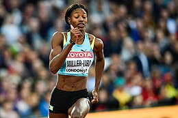 Miller-Uibo races the 200 m at the 2017 World Championships in Athletics in London. Shaunae Miller-Uibo London 2017.jpg