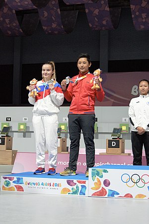 Shooting at the 2018 Summer Youth Olympics – 10m Air Rifle Mixed International Victory Ceremony (55).jpg