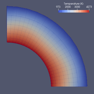 A simulation of mantle convection in a form of a quarter of 2D annulus using ASPECT. In the model, the temperature of the core-mantle boundary (inner boundary) is a constant of 4273 K (about 4000degC), while that at the boundary between crust and mantle (outer boundary) is 973 K (about 700degC). The mesh in the simulation changes over time. The code uses adaptive mesh refinement, the mesh is finer in the areas that need more accurate calculation, such as the rising plumes, while the mesh is coarser in other area to save the computational power. In the figure, red color indicates a warmer temperature while blue color indicate a cooler temperature; hot material rises from the core mantle boundary due to lower density. When the hot material reaches the outer boundary, it starts to move in horizontally and eventually sinks due to cooling. Simulation of 2D mantle convection in a quarter of annulus using ASPECT mantle convection code.gif