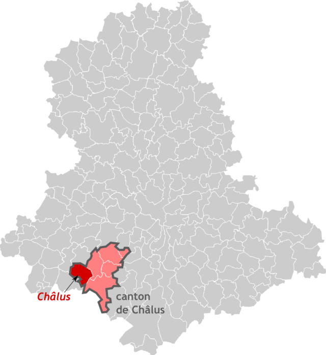 Sur la carte de la Haute-Vienne, position de la commune et de l'ex-canton de Châlus, à l'extrême sud-ouest du département