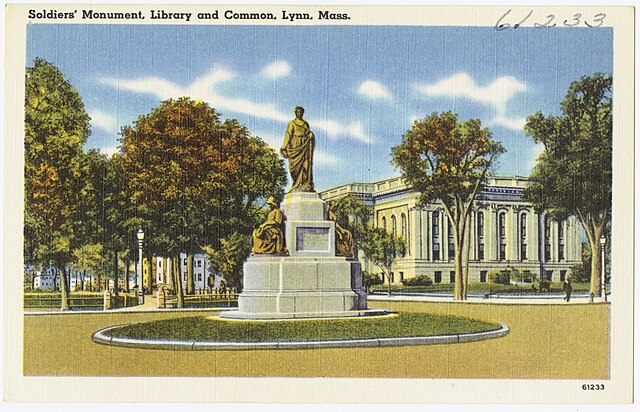 Postcard depicting a soldier monument in Lynn, MA