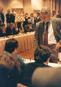 Chess in Pictures - Viktor Korchnoi, Anatoly Karpov, Tigran Petrosian and  Lev Polugaevsky at the closing ceremony of the 41st USSR Chess  Championship. Boris Spassky won the tournament 11½/17. Moscow, USSR 1973. (