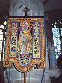 St Corentin, pictured on the banner of the parish church of Locronan, Brittany St Corentin Banner.jpg