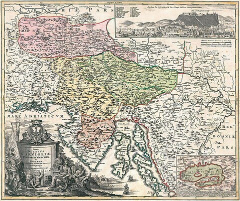 "Map of the Duchy of Carniola, Windic March and Istria", by Johann Homann (1663-1724), after Johann Weikhard von Valvasor (1641-1693): Lower Carniola and Windic March in green Tabula Ducatus Carnioliae, Vindorum Marchiae et Histriae.jpg