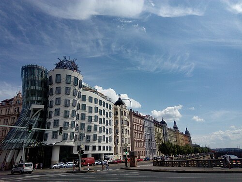 Dancing house and Rašínovo nábřeží in Prague, Czech Republic