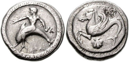 Ancient coin from Taranto, with the eponym Taras hero riding a dolphin.