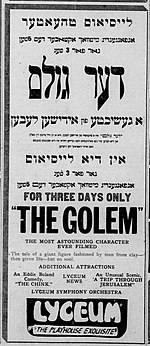 1921 American newspaper ad in Yiddish and English The Golem (1920) - Ad 1.jpg