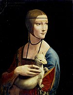 Peinture. Portrait d'une femme regardant sur la droite et portant un animal dans les bras