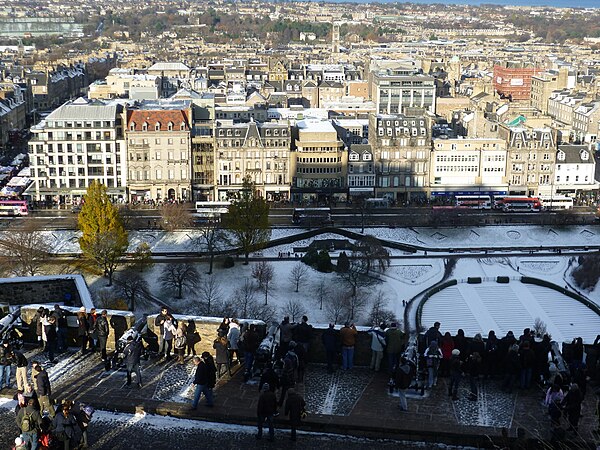 View of the First New Town from Edinburgh Castle, largely obscured by modern shopping developments