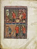 L'artu encesu y varar de Moisés tresformándose en culiebra. Hagadá Reynalds, sieglu XIV