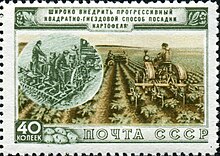 1954 stamp depicting potato planting The Soviet Union 1954 CPA 1773 stamp (Agriculture in the USSR. Planted potatoes).jpg