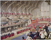 The King's Champion makes the third and last challenge before the royal table at the banquet The Third and Last Challenge by the Champion during King George IV's Coronation Banquet in Westminster Hall.jpg