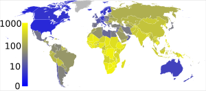 World map with sub-Saharan Africa in various shades of yellow, marking prevalences above 300 per 100,000, and with the U.S., Canada, Australia, and northern Europe in shades of deep blue, marking prevalences around 10 per 100,000. Asia is yellow but not quite so bright, marking prevalences around 200 per 100,000 range. South America is a darker yellow.