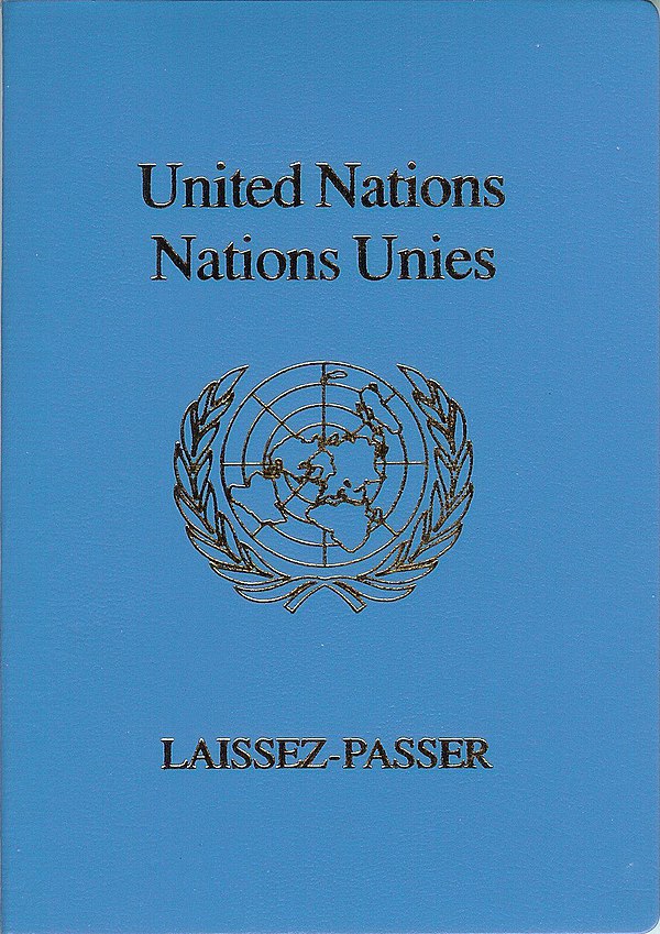 The front cover of a blue machine-readable United Nations laissez-passer