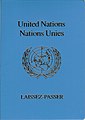 The front cover of a blue machine-readable United Nations laissez-passer