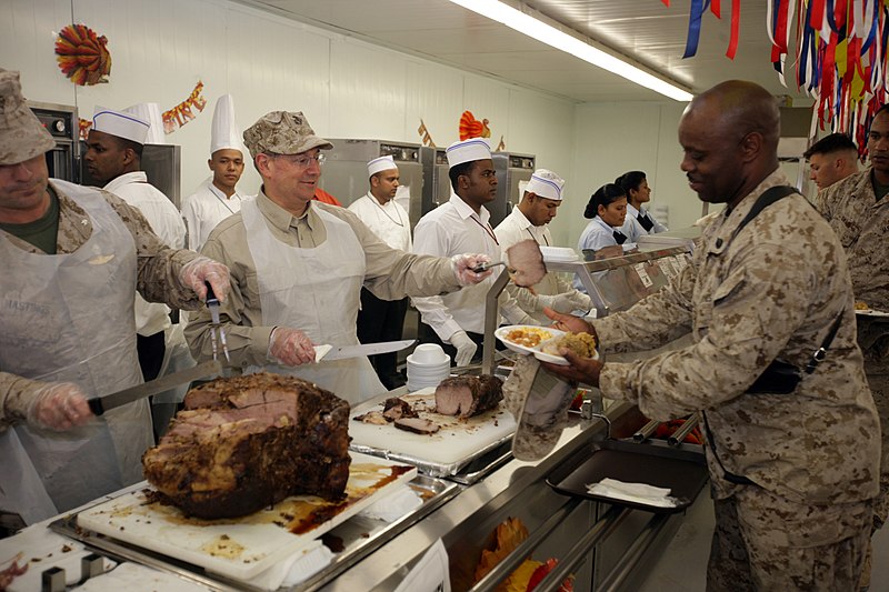 File:US Navy 081127-M-0301S-326 Secretary of the Navy the Honorable Mr. Donald C. Winter erves a U.S. Marine during Thanksgiving dinner at the chow hall onboard Camp Baharia.jpg