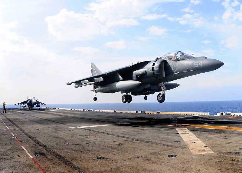File:US Navy 110521-N-3965T-019 An AV-8B Harrier assigned to Marine Medium Tiltrotor Squadron (VMM) 263 (Reinforced) prepares to land aboard the multipu.jpg