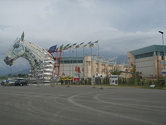 A float being towed out of the Cittadella del Carnevale.