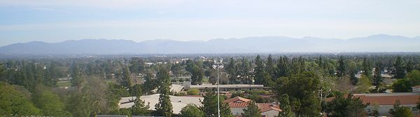 View from the Pierce College Performing Arts Building up in the Chalk Hills, northeast across San Fernando Valley to the San Gabriel Mountains.