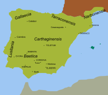 The Visigothic kingdom in Spain at its height c. 650, showing known mint locations. Visigotic mints.svg