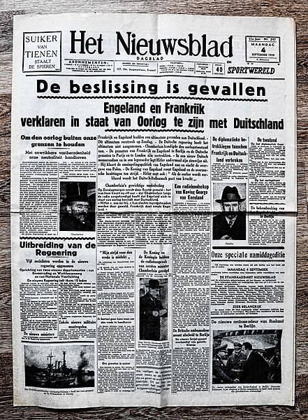 File:Voorpagina Vlaams dagblad "Het Nieuwsblad" 4 September 1939.jpg