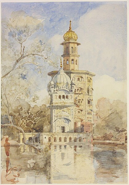 File:Watercolour painting of Gurdwara Baba Atal Rai titled 'The Akalis' Tower, Amritsar, Panjab', by William Carpenter, circa February 1854.jpg