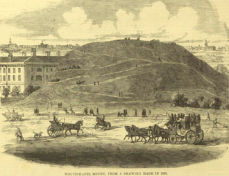 Whitechapel Mount according to an 1801 drawing, with the London Hospital to the left Whitechapel Mount.png